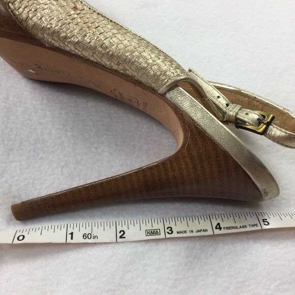 Boutique 9 Lowan Woven High Heels 9 Metallic Light Gold Peep Toe Wooden Pumps - Picture 7 of 7